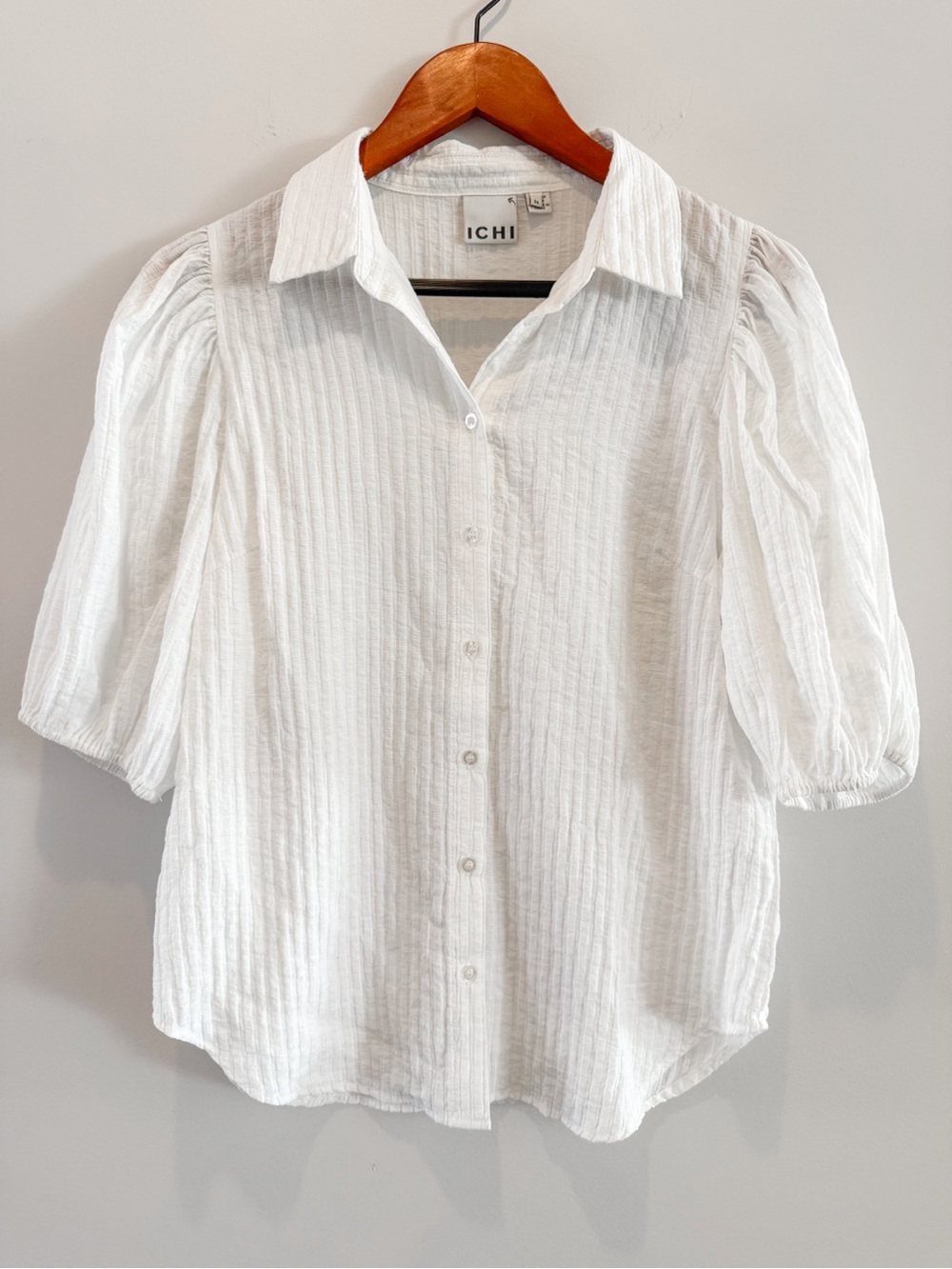 ICHI White Textured Puff Sleeve Button Down Blouse Size 36 Small